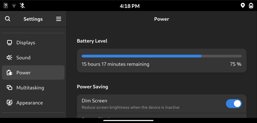 The battery and power settings, in landscape mode