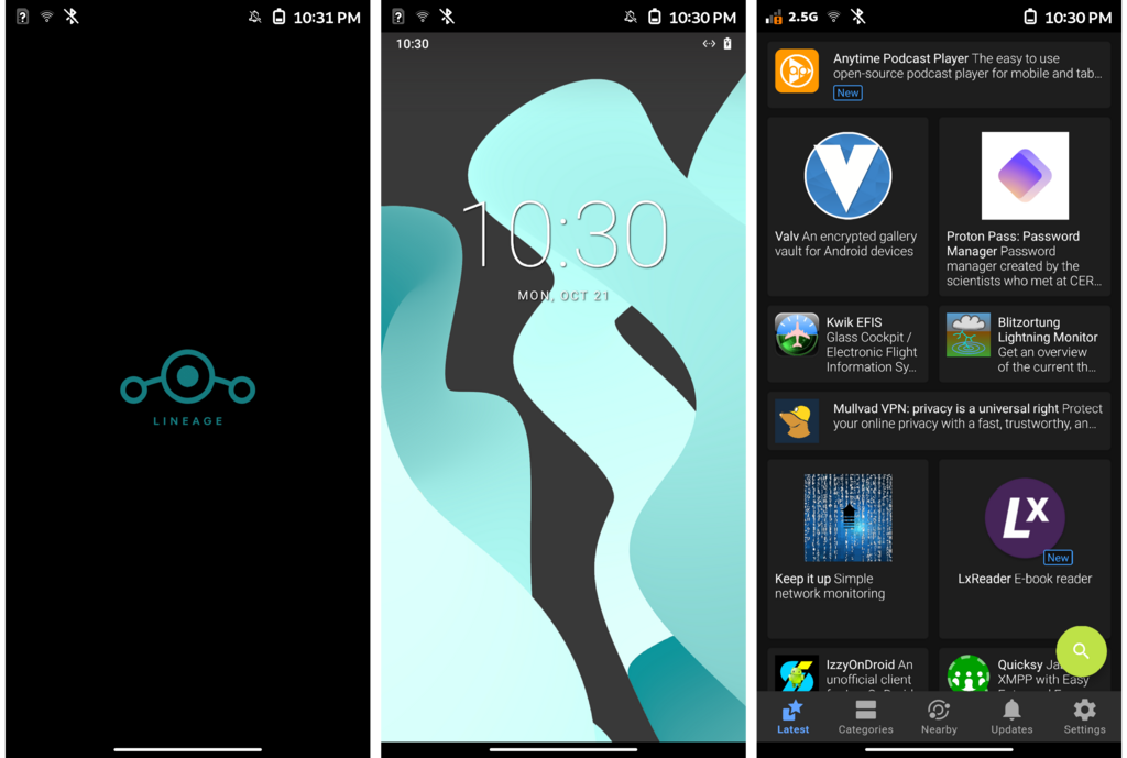 Waydroid starting up with LineageOS, the home screen, and F-droid running independently without the Waydroid frame