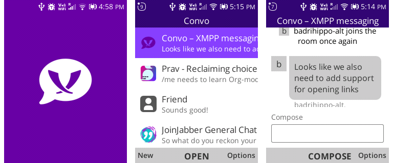 Screenshots of the Convo messaging app: the splash screen, the list of open conversations, and an open conversation with a message bubble