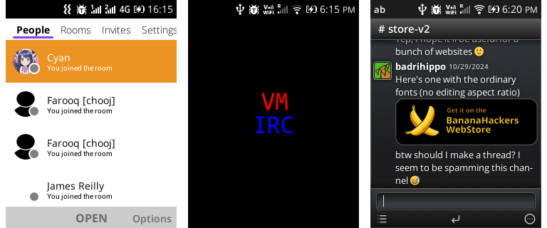 Screenshots of chooj, VM-IRC, and Discord on KaiOS respectively