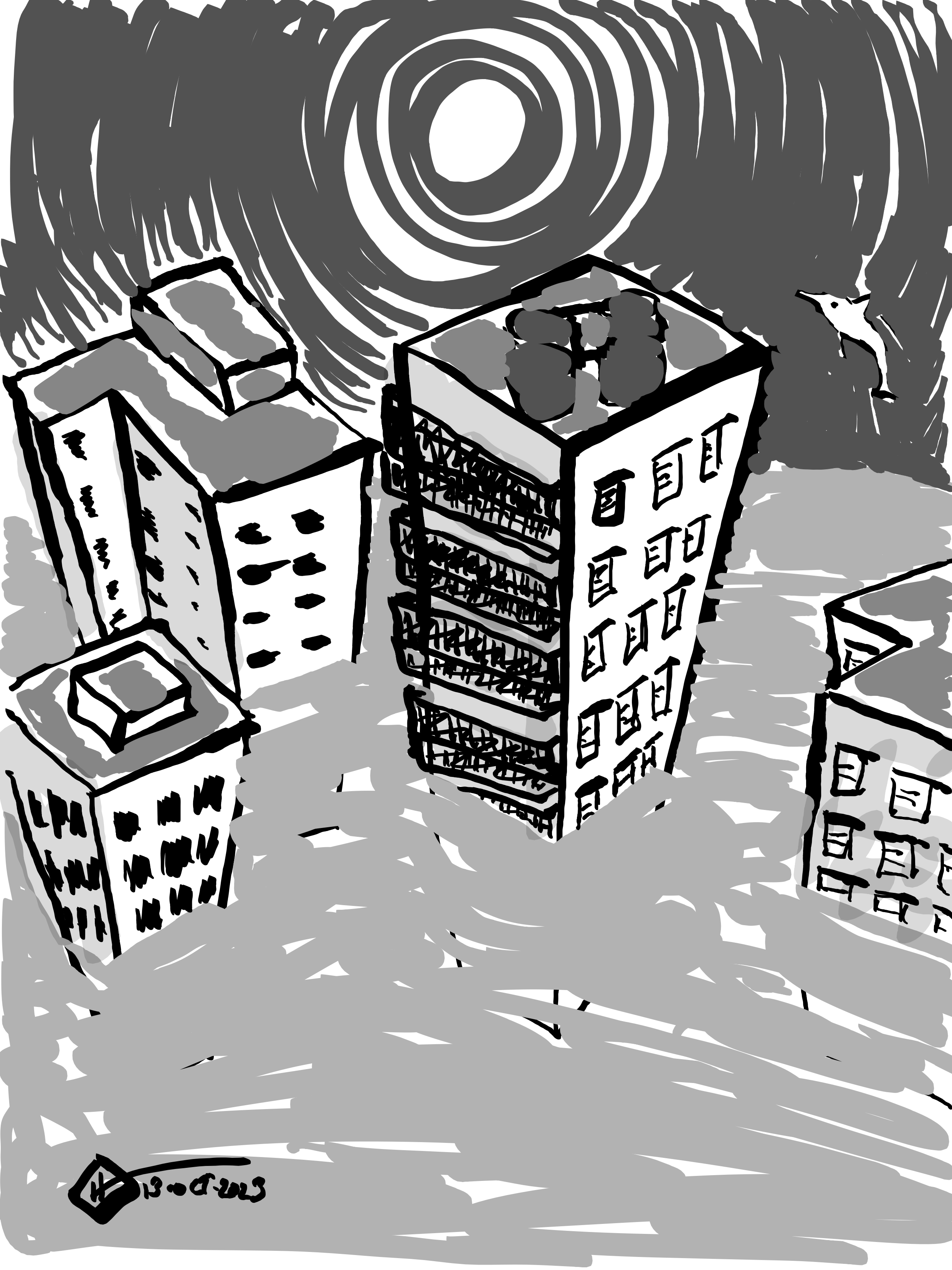 Screenshot of a Kobo sketch as it appears after exporting. Now, the water has overpowered the buildings and covere their outlines.