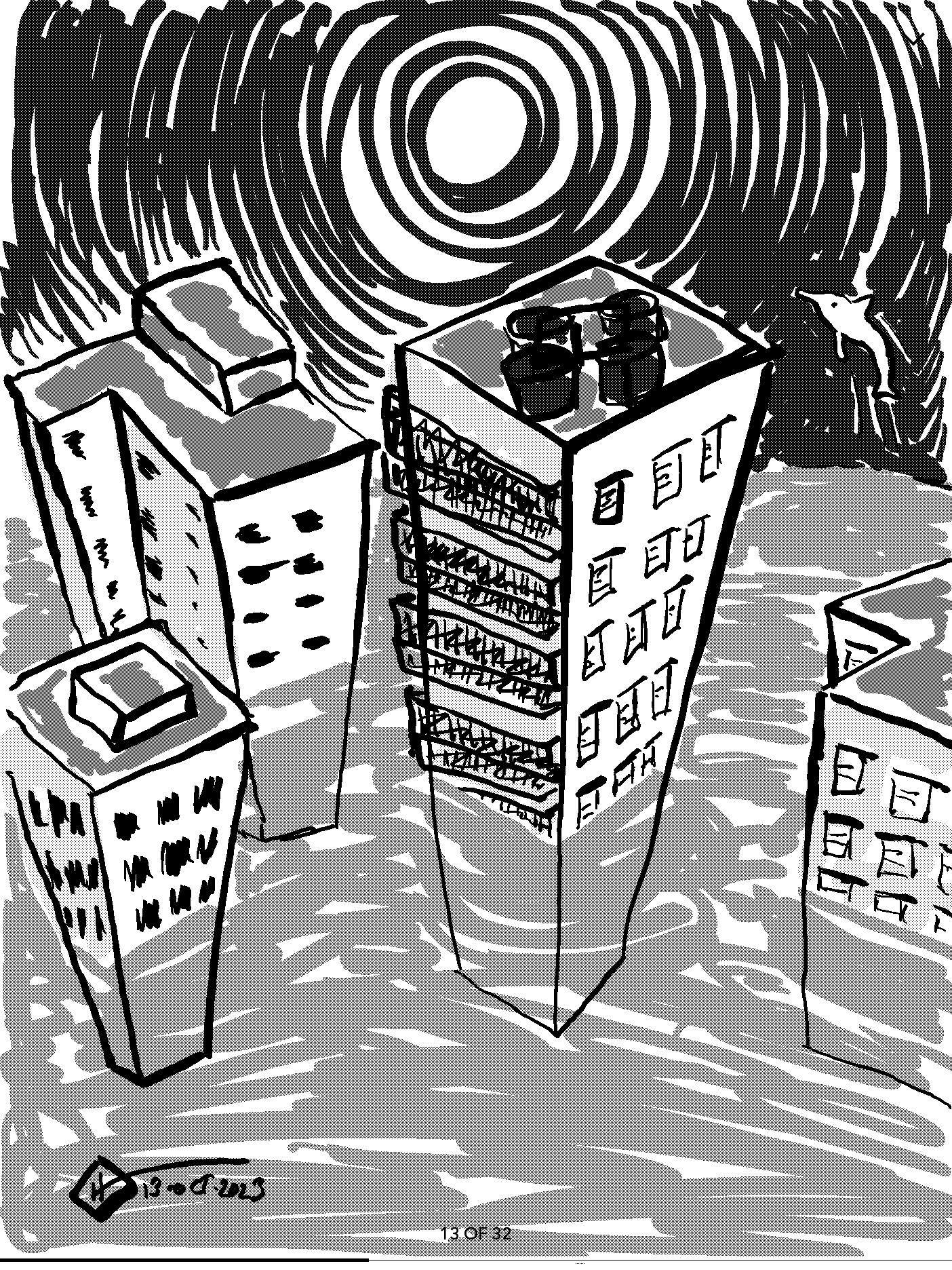 Screenshot of a Kobo sketch as it appears on the screen. You can see water around the buildings, but the building outlines are still in front.